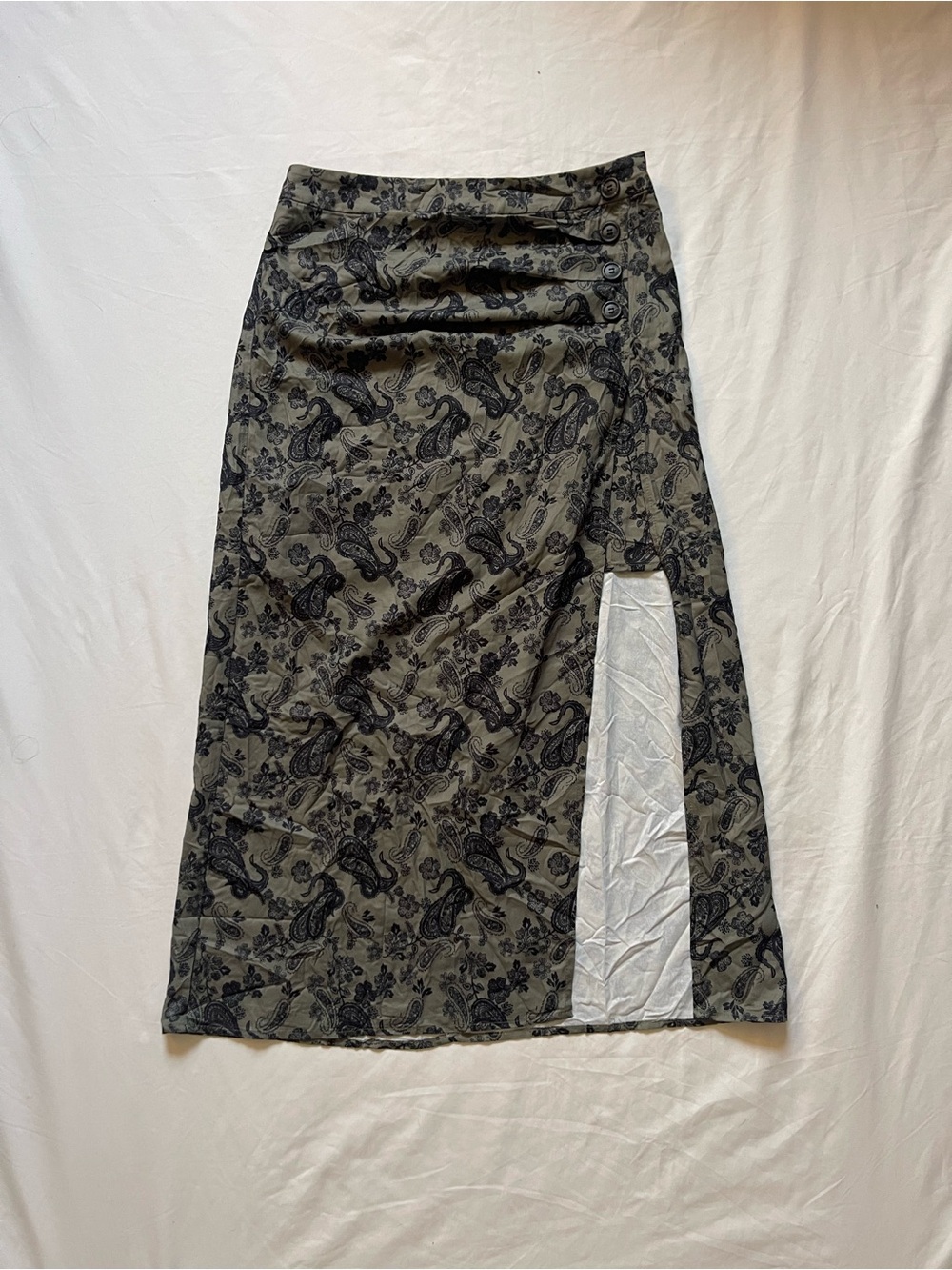 Cider Olive Maxi Skirt with Black Paisley Print